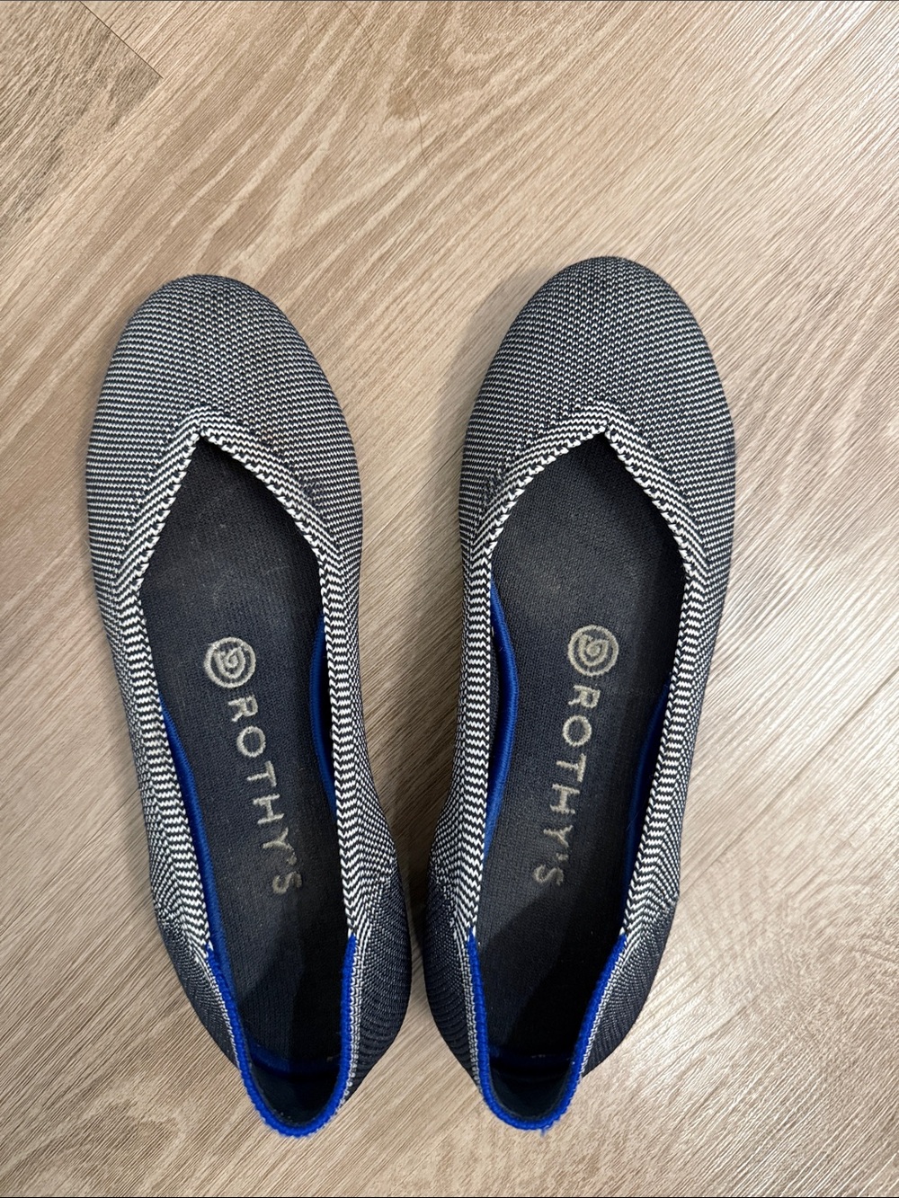 Rothy's Black & White Knit Ballet Flat with Blue Trim